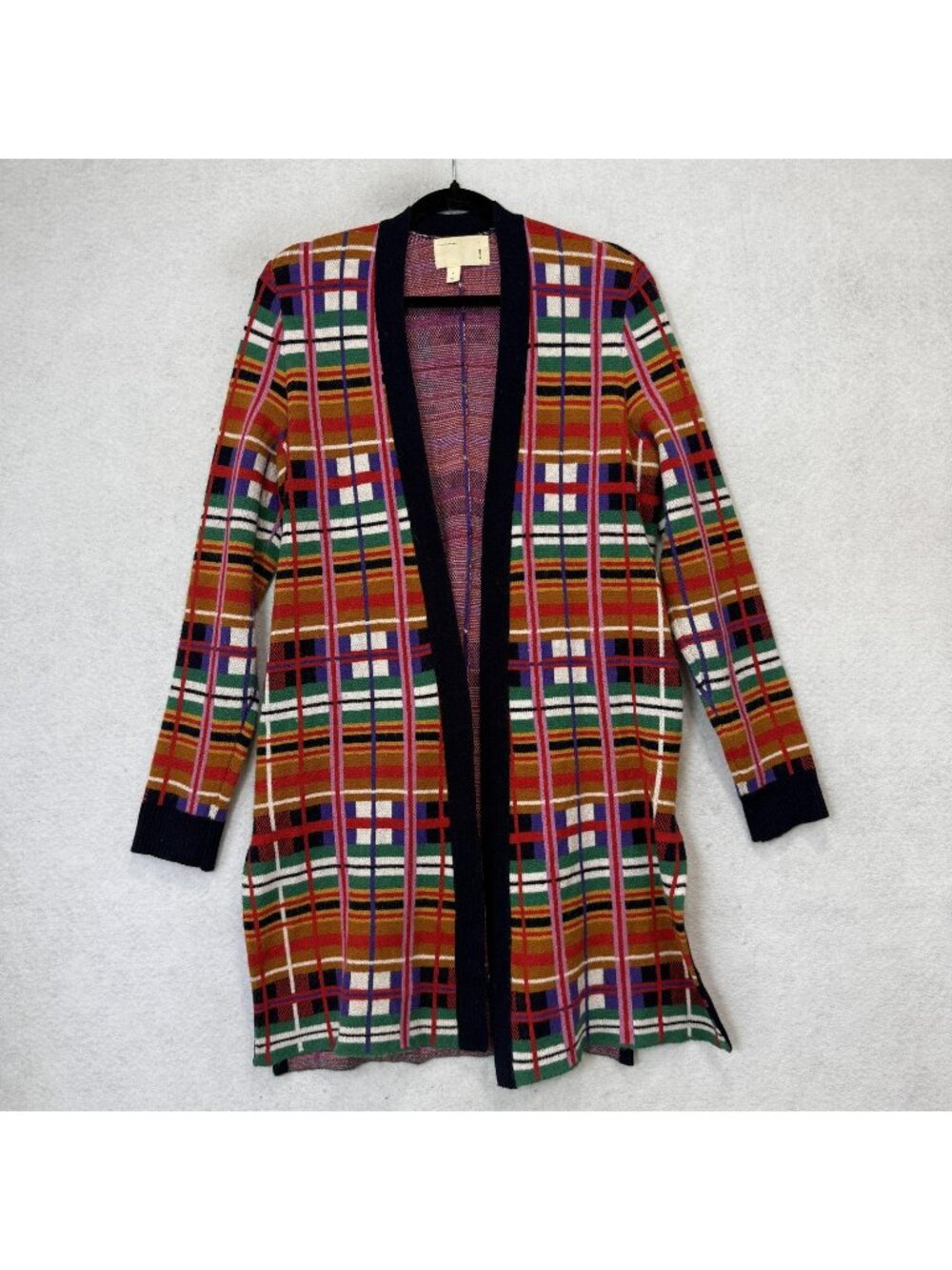 Moth Cardigan Sweater Womens Medium Multicolor Plaid Open Front Knit Longline